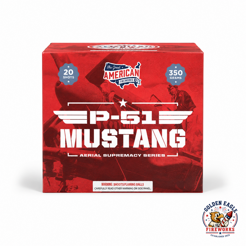 P-51 Mustang 20 shot aerial cake firework featuring 350 gram performance, red military aviation inspired packaging, compact aerial cake design, and backyard fireworks available at Golden Eagle Fireworks.