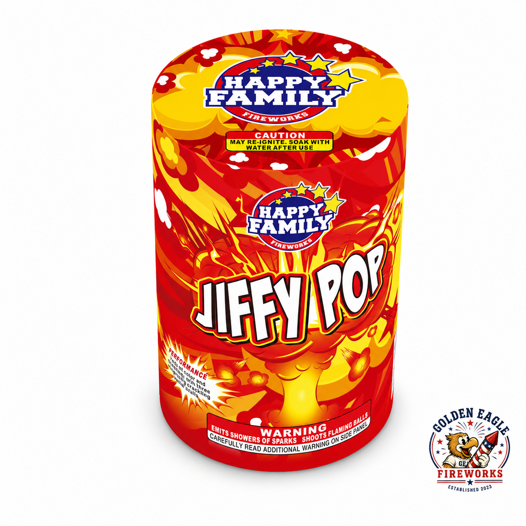 Jiffy Pop fountain firework by Happy Family Fireworks featuring bright red and yellow packaging, display-ready cylinder design, and consumer fireworks branding available at Golden Eagle Fireworks.
