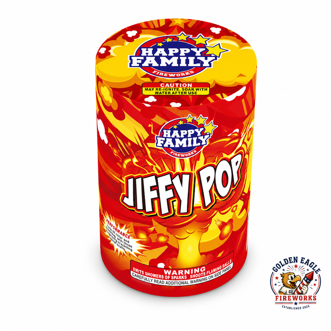 Jiffy Pop fountain firework by Happy Family Fireworks featuring bright red and yellow packaging, display-ready cylinder design, and consumer fireworks branding available at Golden Eagle Fireworks.
