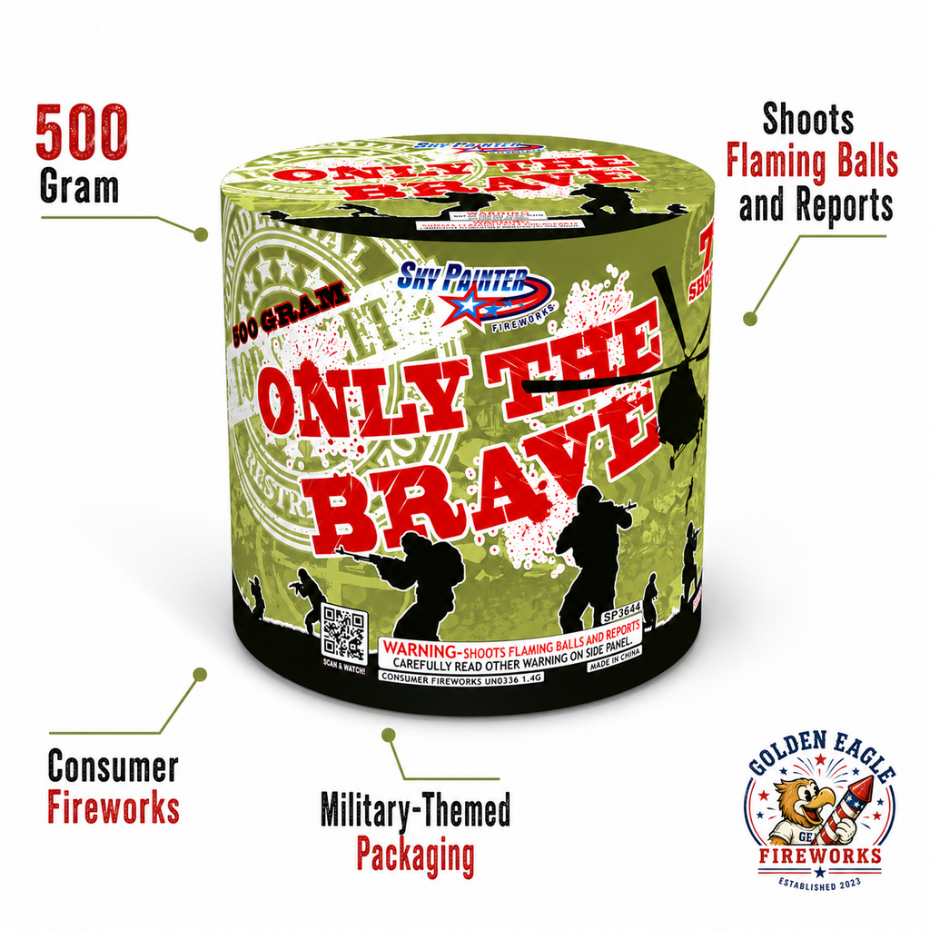 Only The Brave 500g fireworks cake shoots flaming balls and reports — military-themed packaging, consumer fireworks sold at Golden Eagle Fireworks Houston TX