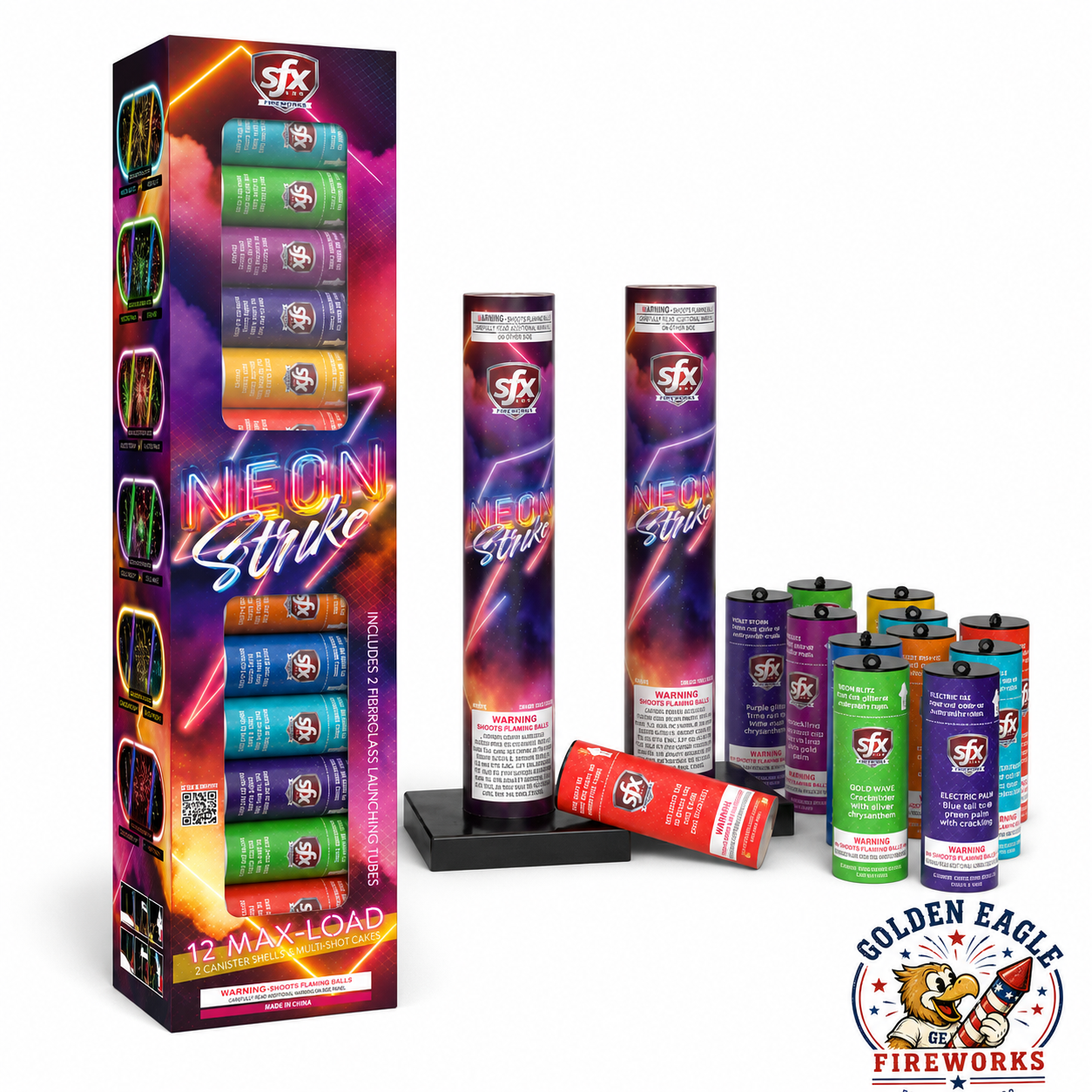 Neon Strike 12 Max Load canister shell kit featuring 12 colorful artillery shells, 2 fiberglass launch tubes, and premium neon-themed packaging available at Golden Eagle Fireworks.