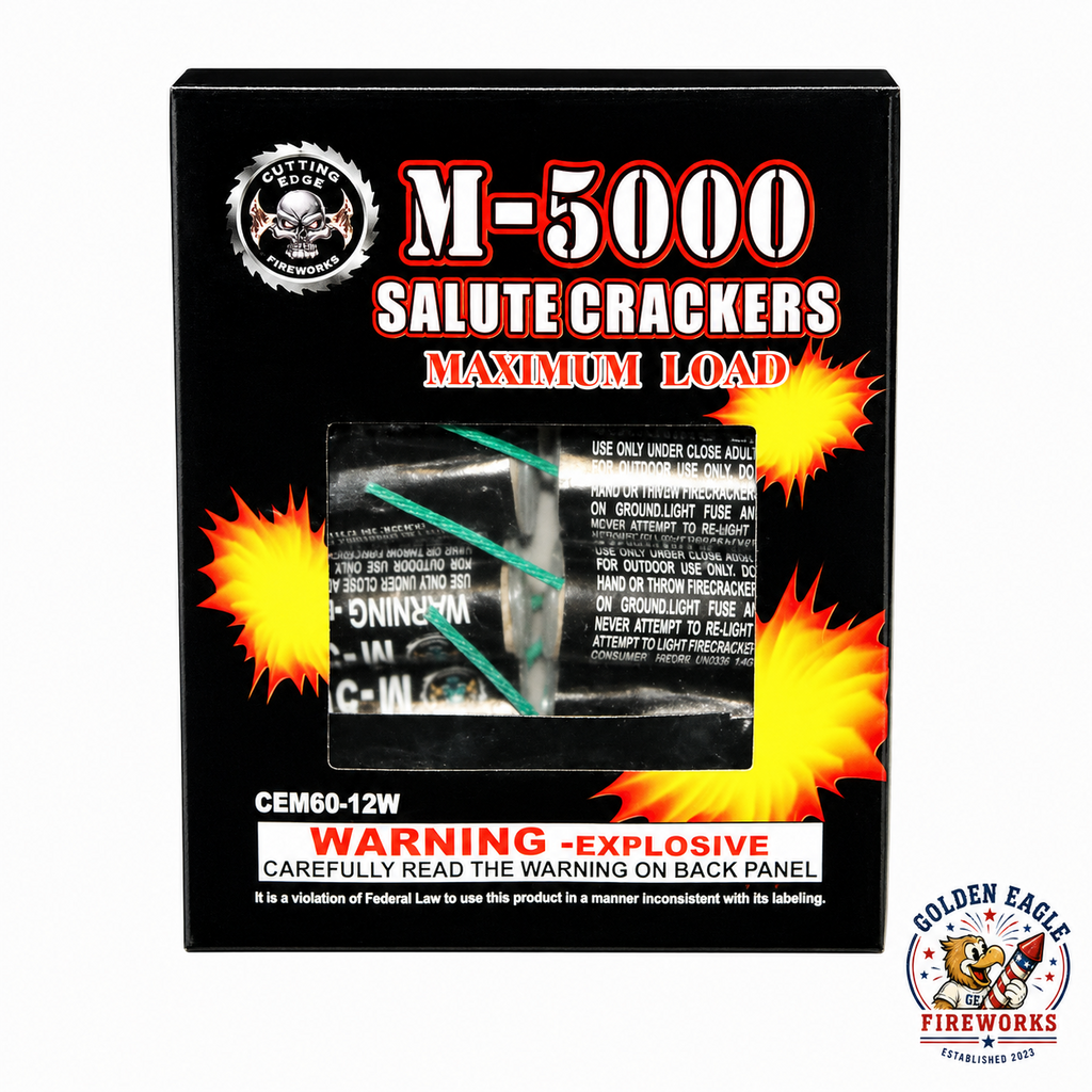 Golden Eagle Fireworks M-5000 Salute Crackers Maximum Load box by Cutting Edge Fireworks, CEM60-12W consumer fireworks UN0336 1.4G, available in Houston, TX