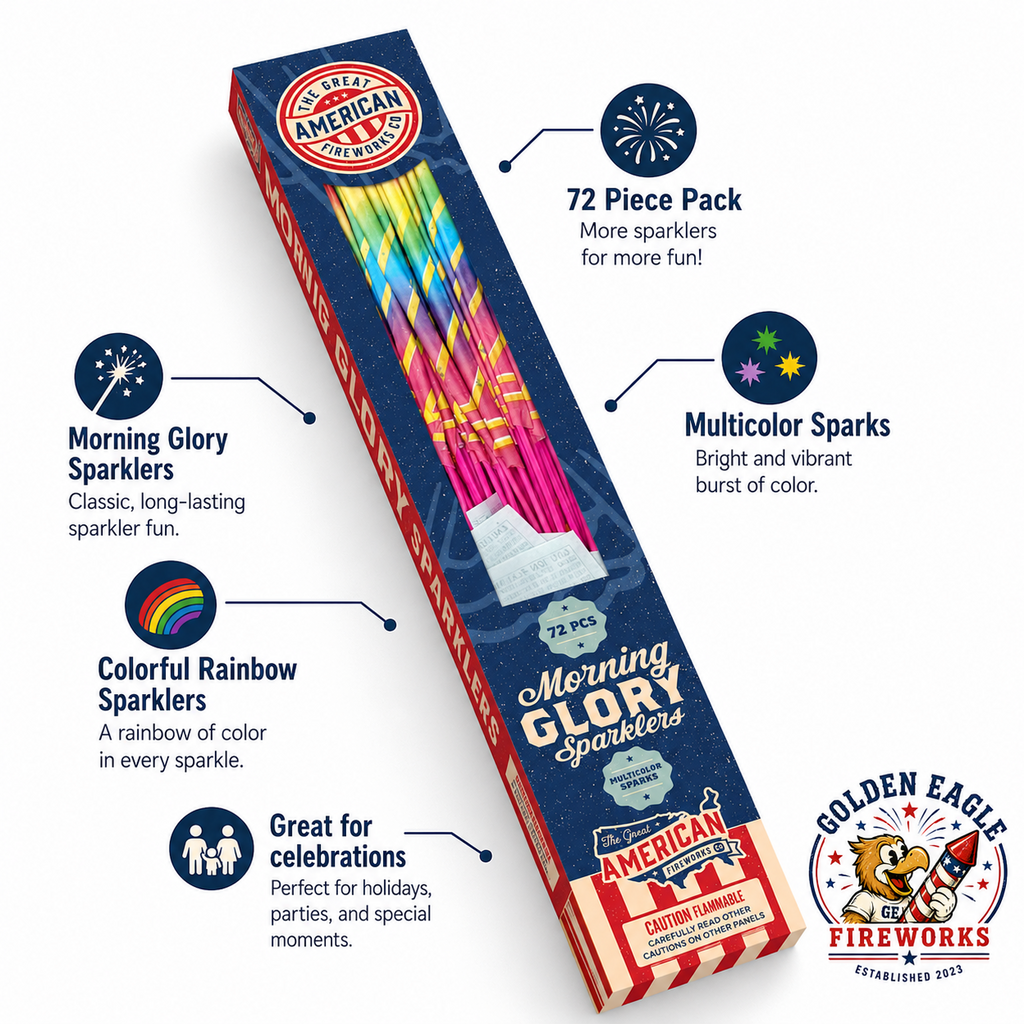 Morning Glory Sparklers 14 inch 72 piece feature image showing rainbow wrapped sparklers, multicolor sparks, handheld novelty use, and party celebration sparklers from Golden Eagle Fireworks.