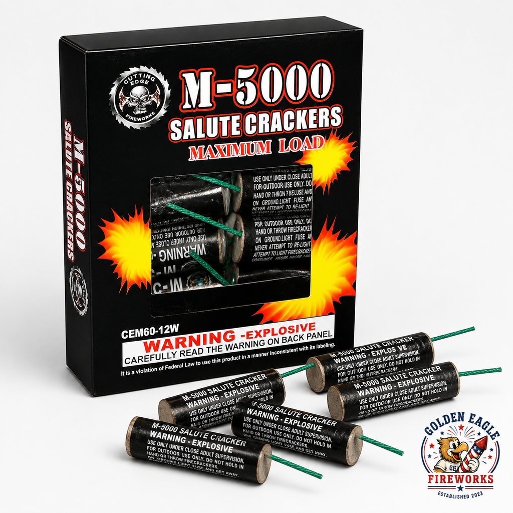 Golden Eagle Fireworks M-5000 Salute Crackers Maximum Load box open showing individual salute crackers by Cutting Edge Fireworks, CEM60-12W consumer fireworks Houston TX