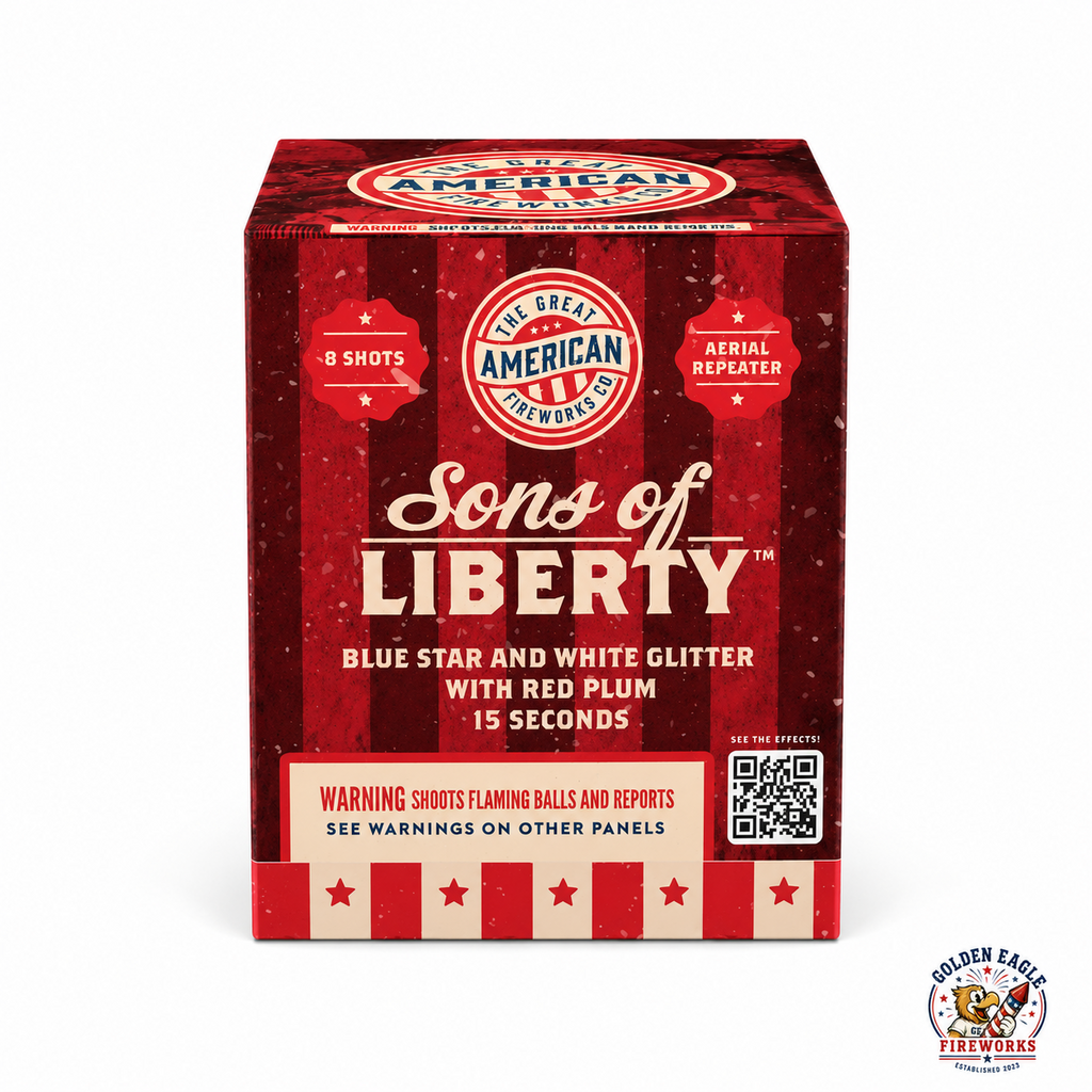Golden Eagle Fireworks Sons of Liberty 200g aerial repeater cake by The Great American Fireworks Co., 8 shots blue star and white glitter with red plum 15 seconds, Houston TX
