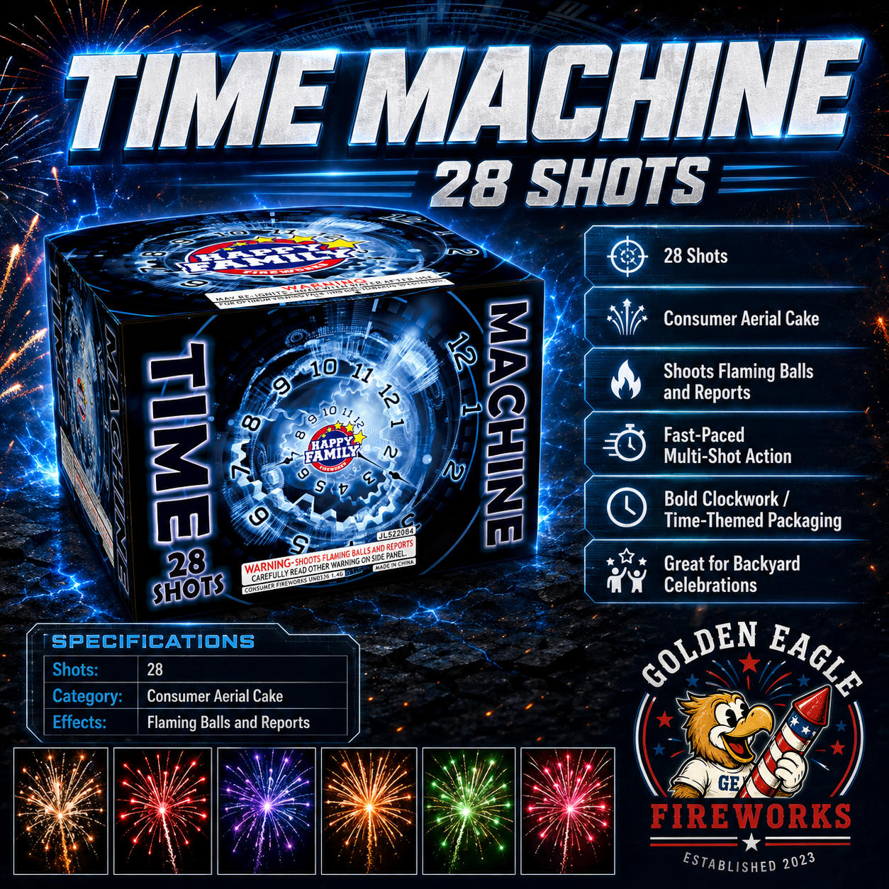 Time Machine 28-shot aerial cake delivering fast-paced multi-shot action, flaming balls and reports, premium consumer fireworks sold at Golden Eagle Fireworks Houston Texas