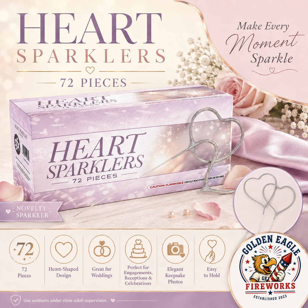 Heart Sparklers infographic featuring 72 heart-shaped sparklers, elegant wedding sparkler design, celebration photo moments, party use, and novelty sparklers from Golden Eagle Fireworks.