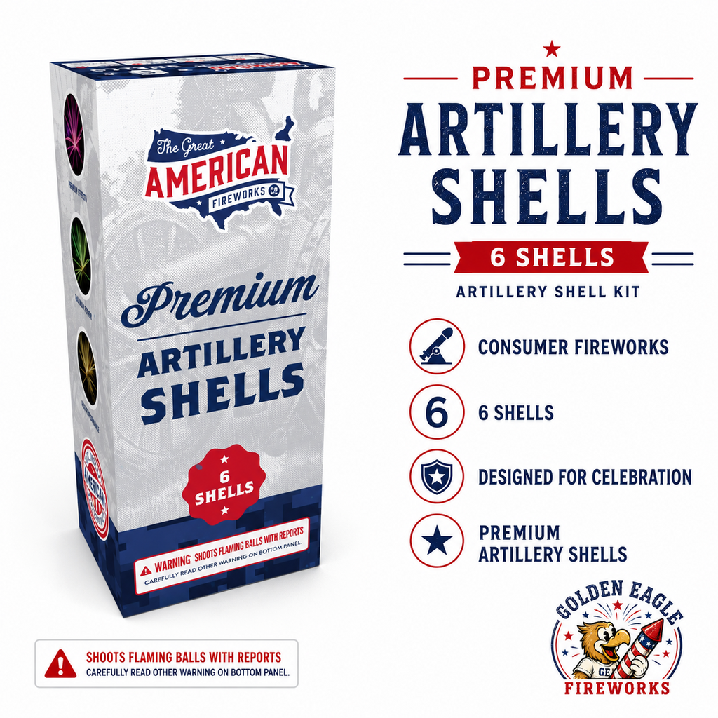 Premium Artillery Shell Kit with 6 consumer fireworks shells, designed for celebration and classic aerial shell performance.