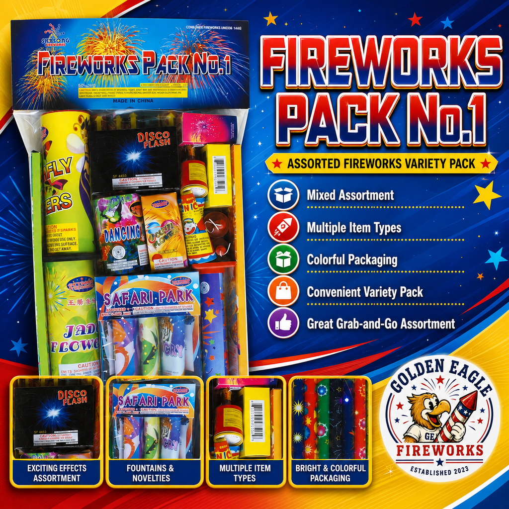 Fireworks Pack No. 1 premium assorted fireworks variety pack featuring fountains, novelty fireworks, colorful packaging, and family-friendly consumer fireworks from Golden Eagle Fireworks in Humble, Texas.
