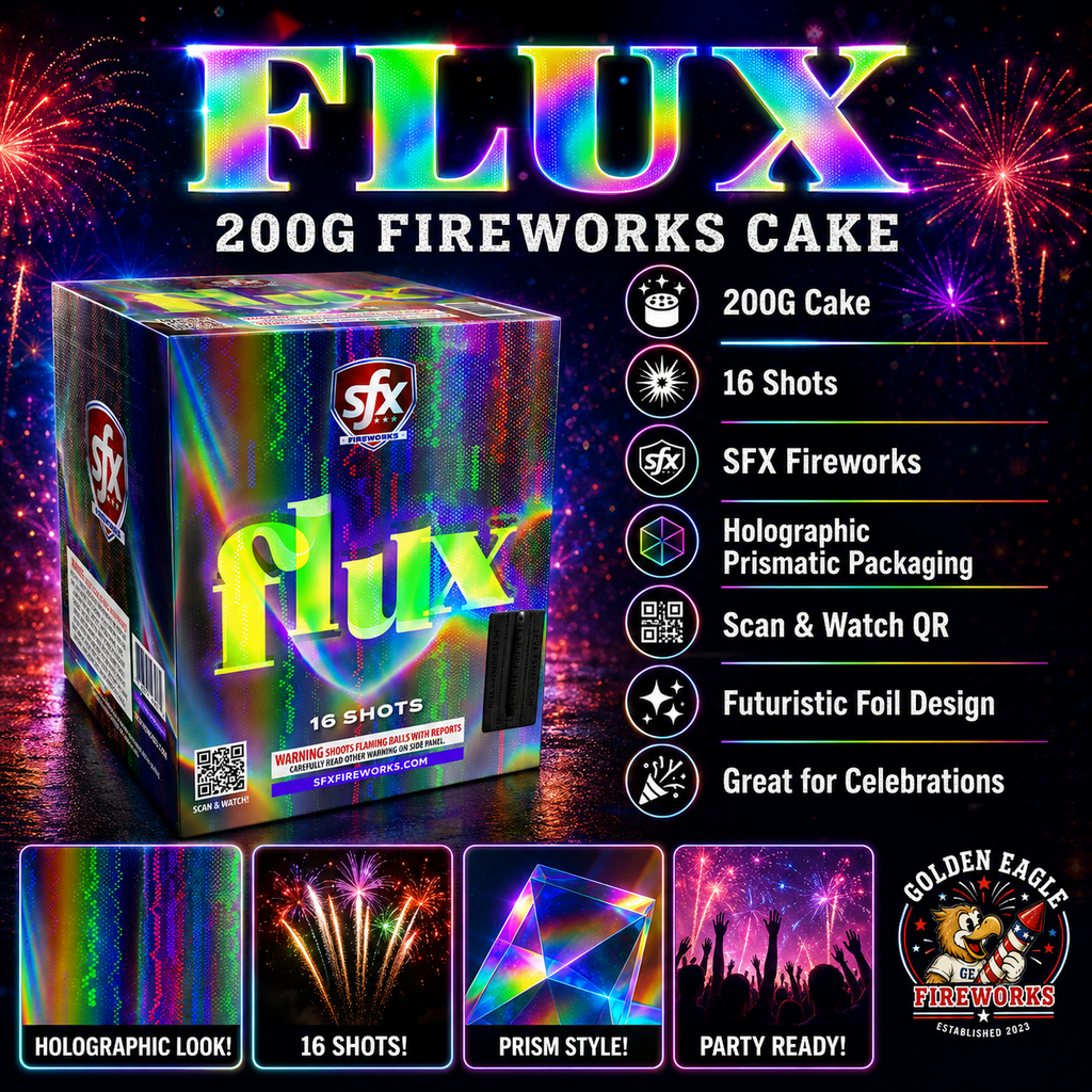 Golden Eagle Fireworks SFX Flux 200g fireworks cake hero — 16 shots, holographic prismatic packaging, futuristic foil design, scan and watch QR, great for celebrations, Houston TX