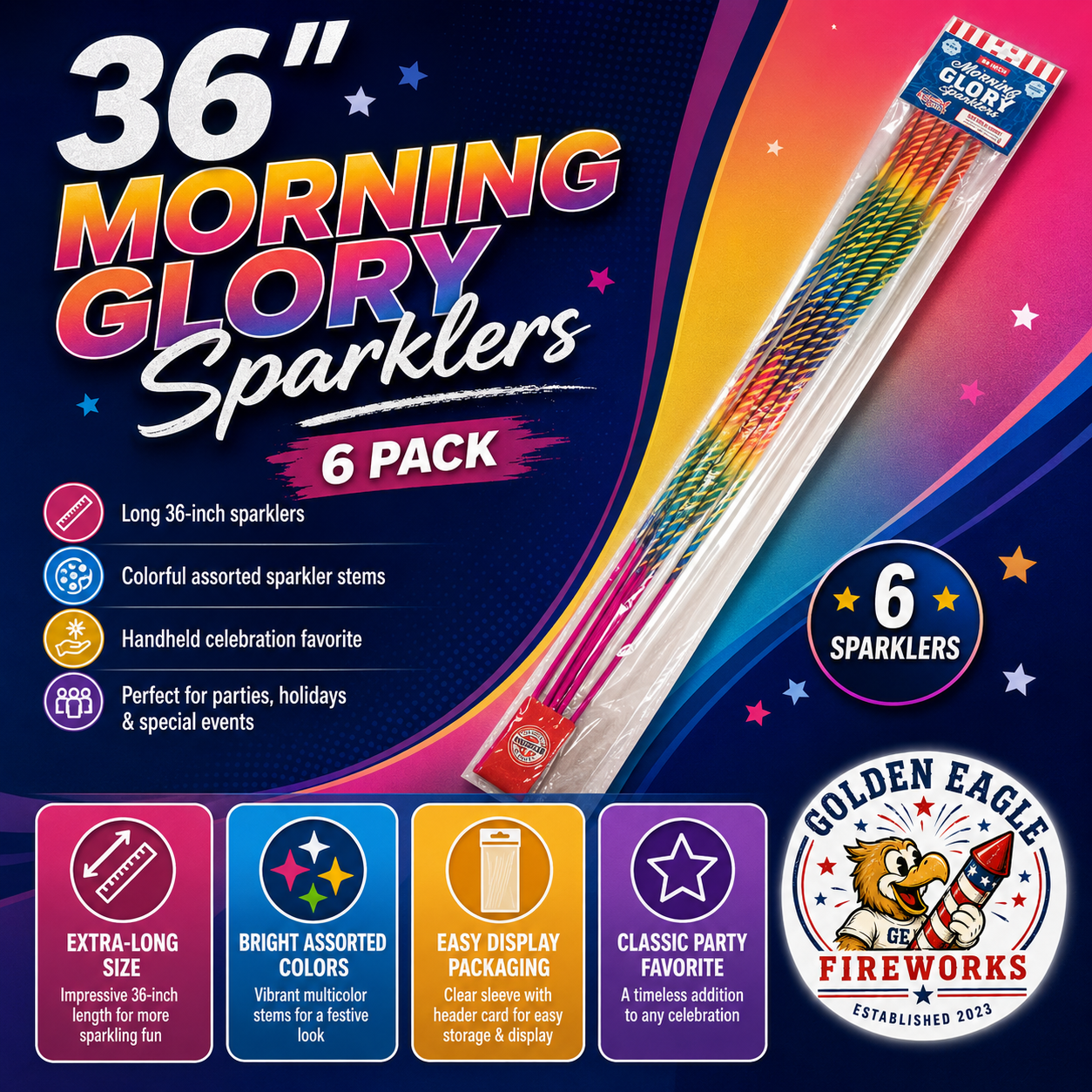36 inch Morning Glory Sparklers infographic featuring 6 colorful assorted sparklers, extra-long size, clear sleeve packaging, and party sparkler details from Golden Eagle Fireworks.