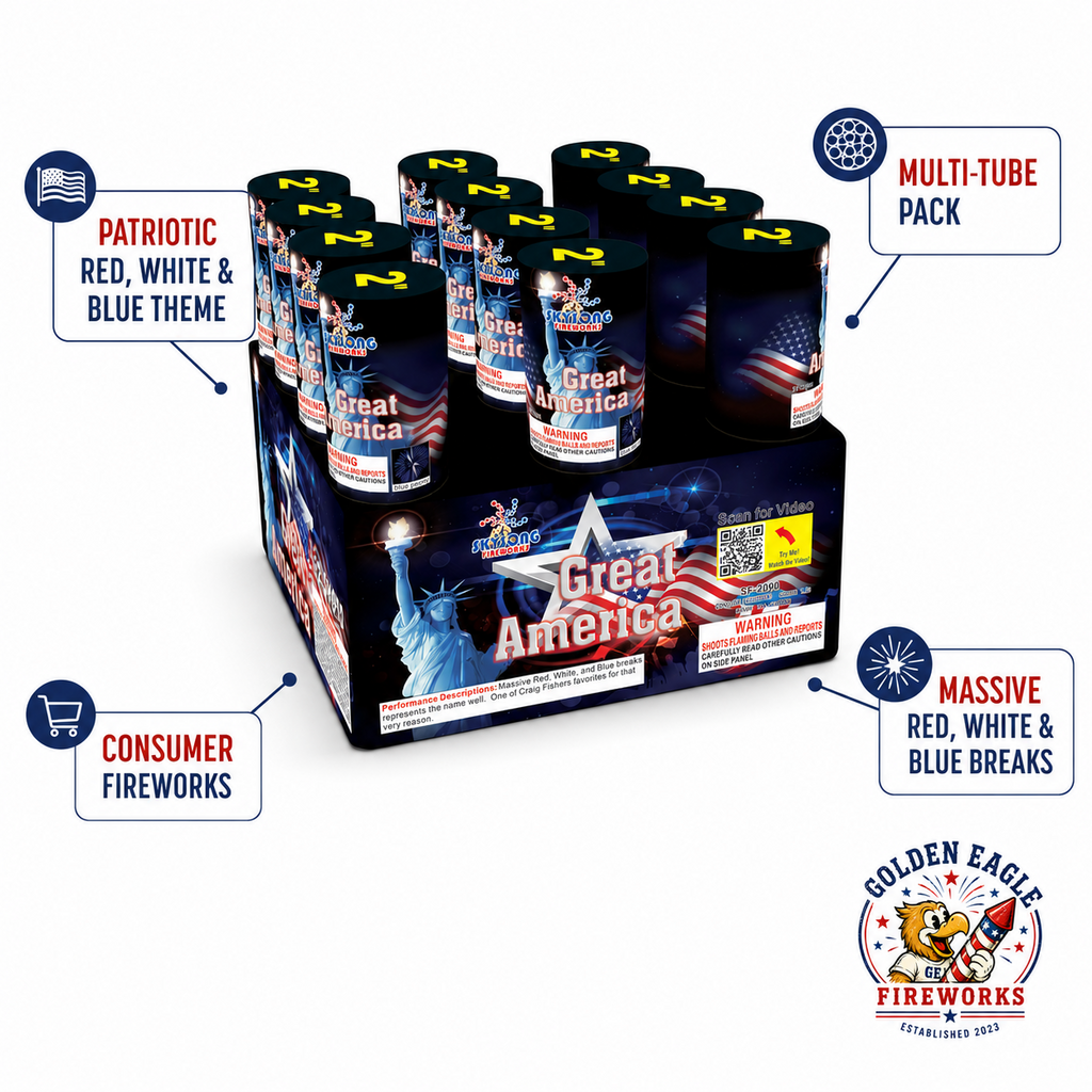Great America multi-tube fireworks pack with patriotic American flag design, massive red white and blue breaks, consumer fireworks for backyard celebrations