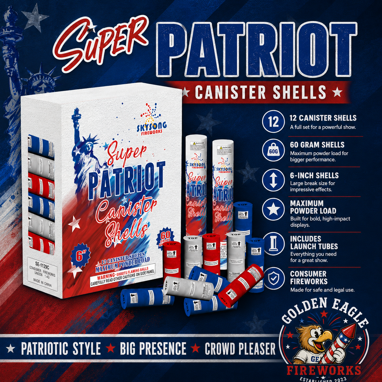 Super Patriot Canister Shells 12-pack consumer fireworks by Skysong — patriotic style, big presence, crowd pleaser, available at Golden Eagle Fireworks