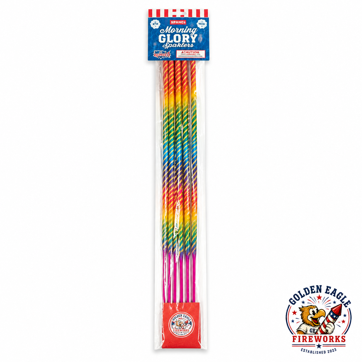 36 inch Morning Glory Sparklers 6 pack featuring colorful assorted sparkler stems, clear sleeve packaging, and celebration sparklers available at Golden Eagle Fireworks.
