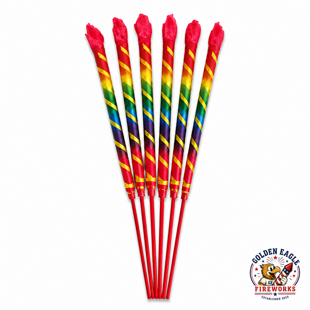 14 inch Morning Glory Sparklers 6 pack featuring rainbow wrapped sparklers, bright colorful design, handheld novelty style, and celebration sparklers available at Golden Eagle Fireworks.