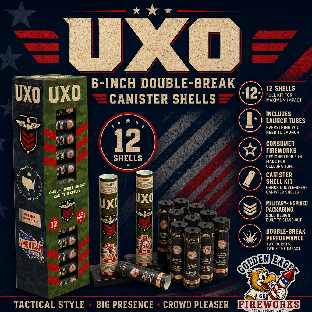UXO premium 6-inch double-break canister shell kit with 12 shells, launch tubes, tactical military-inspired design, and powerful aerial fireworks effects.