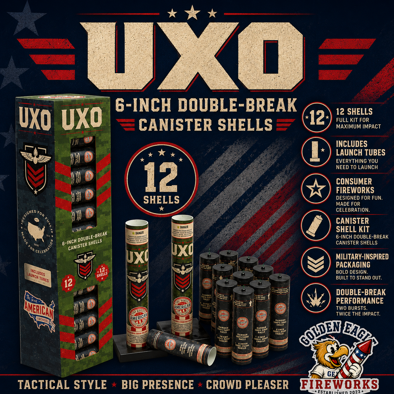 UXO premium 6-inch double-break canister shell kit with 12 shells, launch tubes, tactical military-inspired design, and powerful aerial fireworks effects.