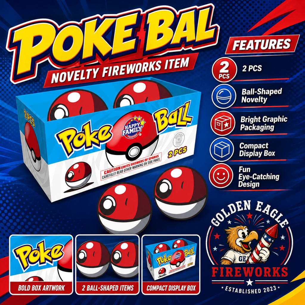 Poke Ball infographic featuring ball-shaped novelty fireworks, 2 piece display tray, bright graphic packaging, compact display box, fun eye-catching design, and individually sold fireworks from Golden Eagle Fireworks.