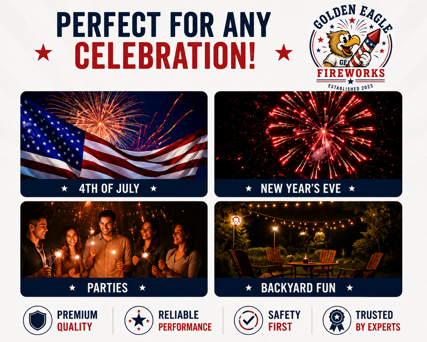 Golden Eagle Fireworks — perfect for any celebration including 4th of July, New Year's Eve, parties, and backyard fun. Premium quality, reliable performance, safety first. Houston, Texas fireworks.