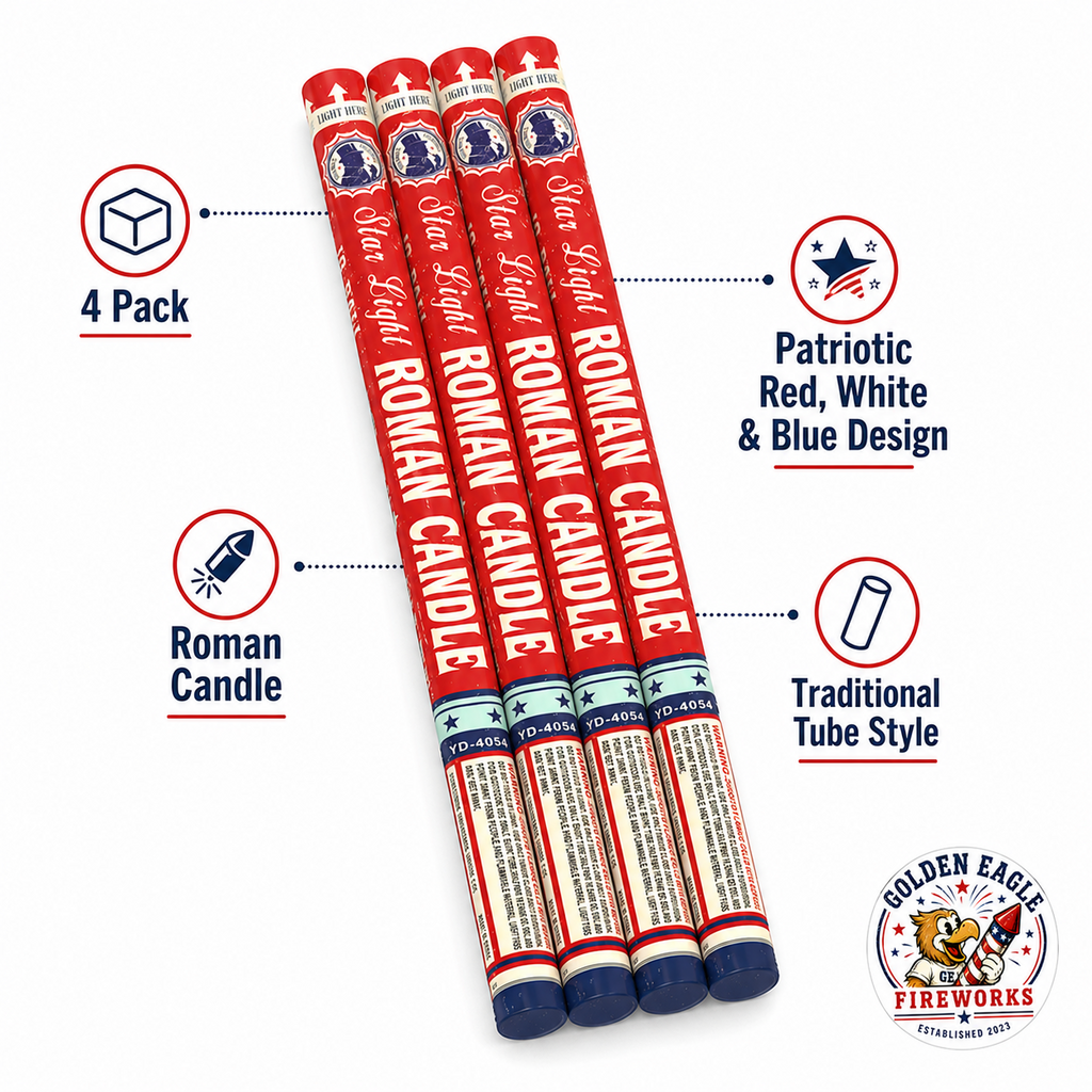 Star Light Roman Candles 4 pack feature image showing patriotic red, white, and blue packaging, traditional tube style, Roman candle design, and celebration fireworks from Golden Eagle Fireworks.