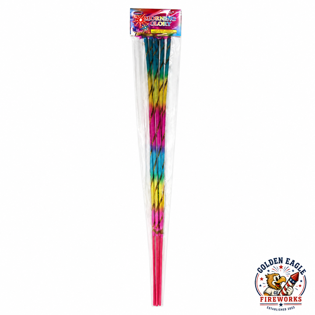 Morning Glory colorful stick fireworks featuring 6 long stick fireworks, rainbow wrapped design, bright assorted colors, and celebration-ready packaging available at Golden Eagle Fireworks.