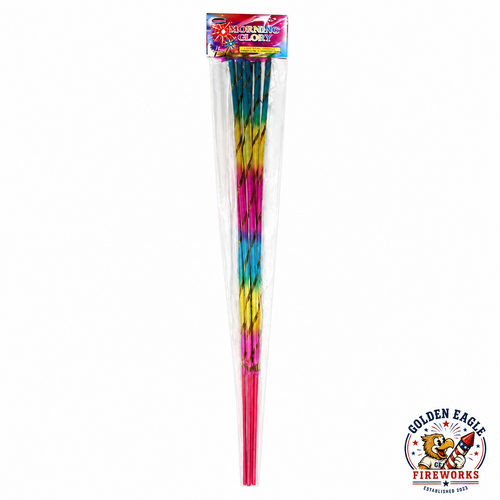 Morning Glory colorful stick fireworks featuring 6 long stick fireworks, rainbow wrapped design, bright assorted colors, and celebration-ready packaging available at Golden Eagle Fireworks.