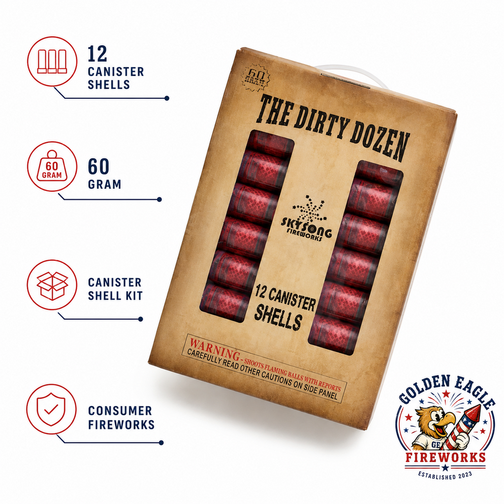 The Dirty Dozen canister shell kit with 12 premium canister shells, 60 gram performance load, reloadable shell kit, and consumer fireworks from Golden Eagle Fireworks.