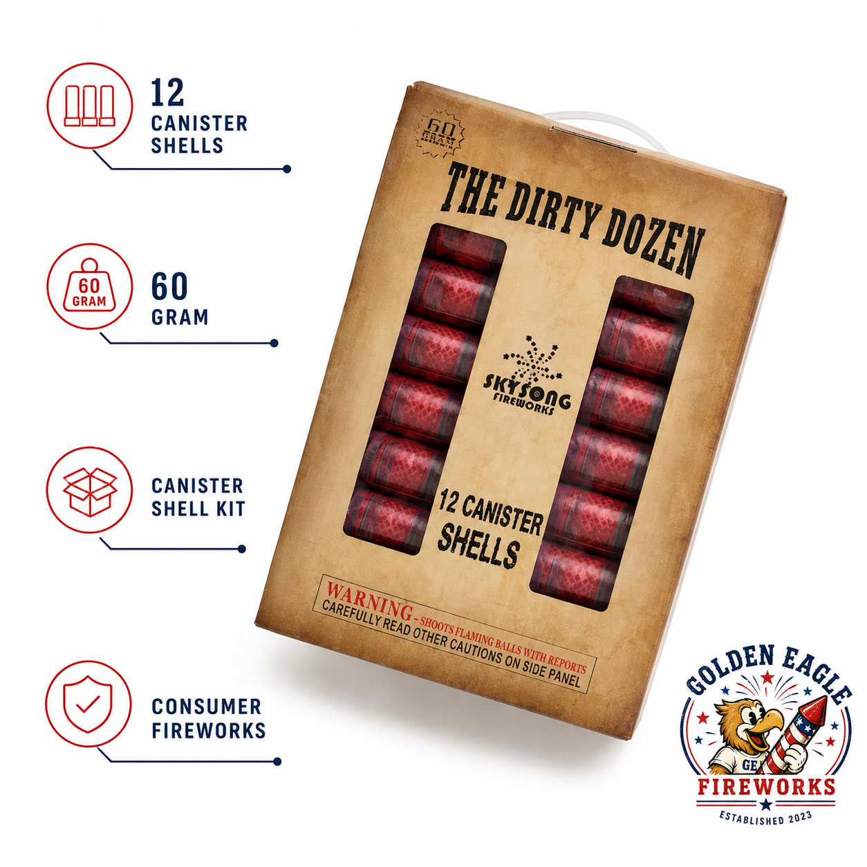 The Dirty Dozen canister shell kit with 12 premium canister shells, 60 gram performance load, reloadable shell kit, and consumer fireworks from Golden Eagle Fireworks.
