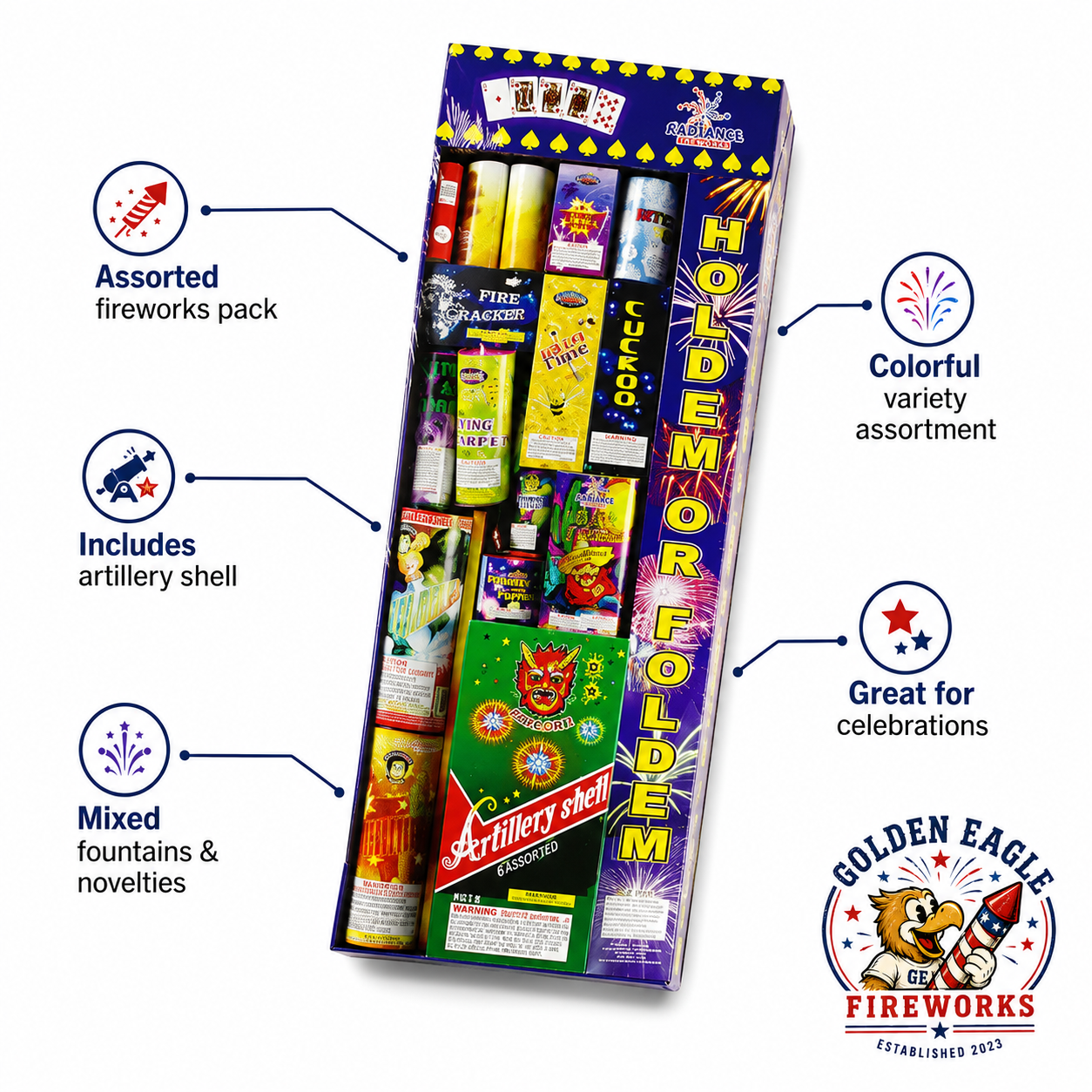 Holdem or Foldem family fireworks assortment highlighting artillery shells, fountains, novelty fireworks, and colorful assorted fireworks from Golden Eagle Fireworks.