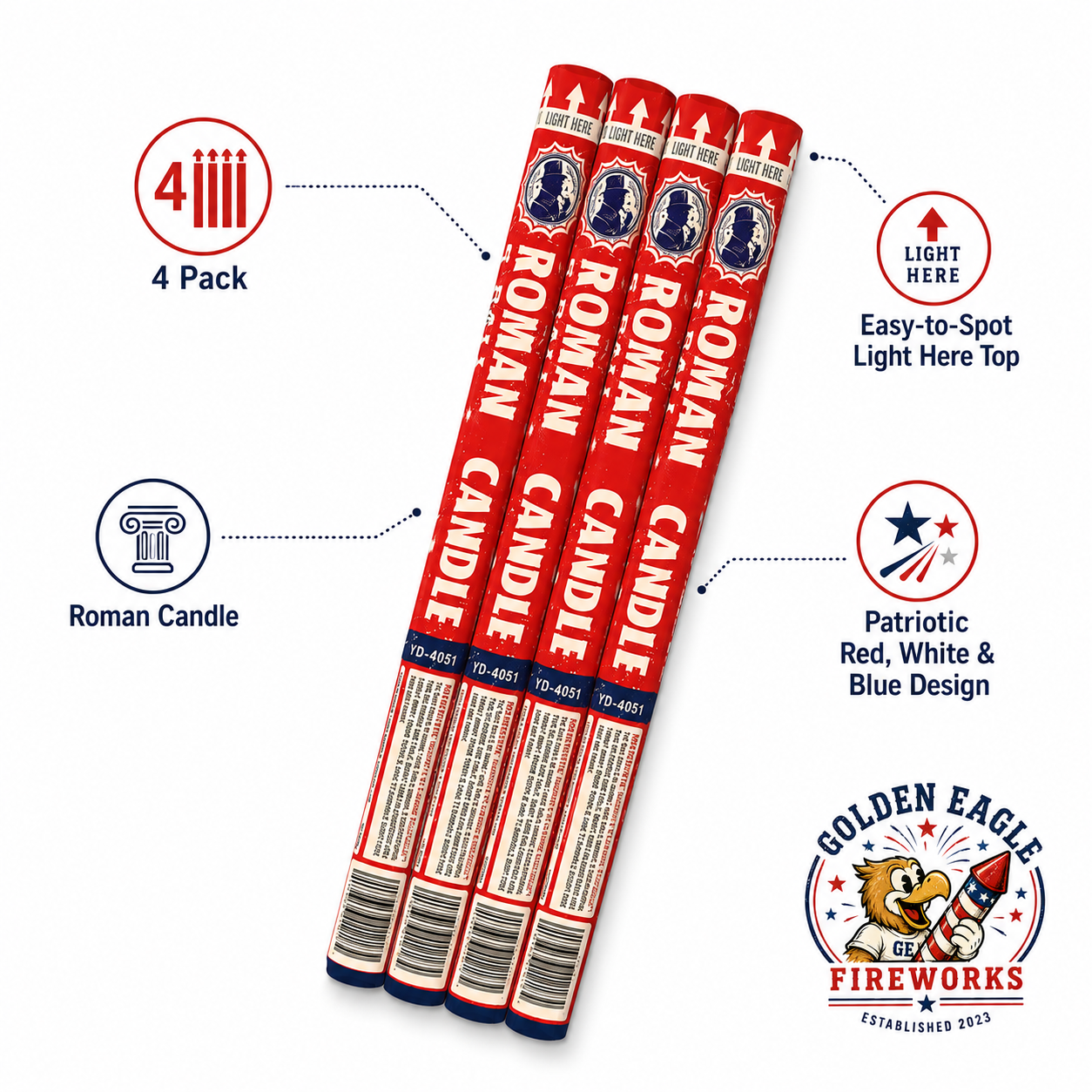 Roman Candle 4 pack feature image showing four red Roman candles, easy-to-spot light here tops, patriotic red white and blue design, and classic fireworks from Golden Eagle Fireworks.