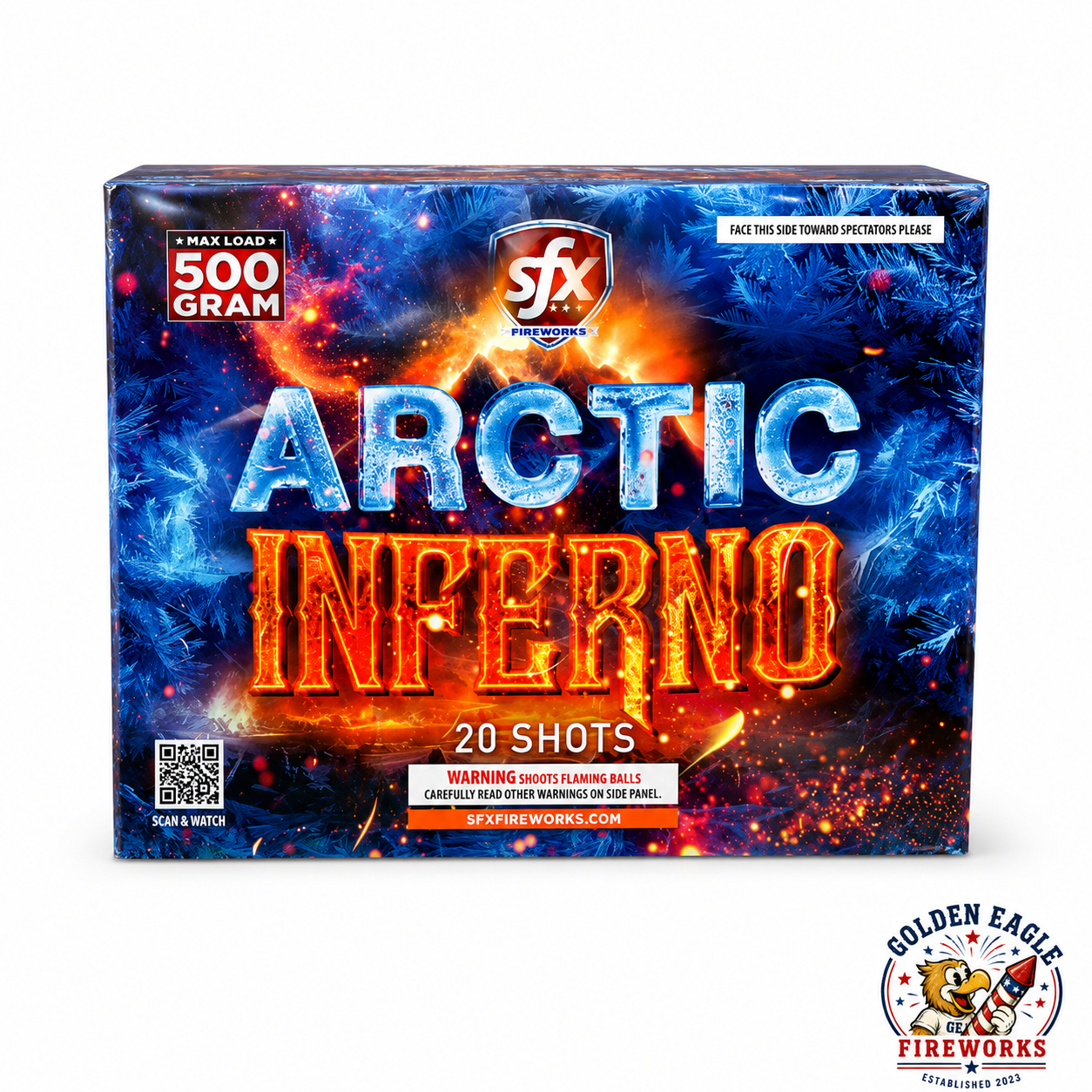 Arctic Inferno 500 gram aerial cake by SFX Fireworks — 20 shots, bold ice and fire packaging, available at Golden Eagle Fireworks