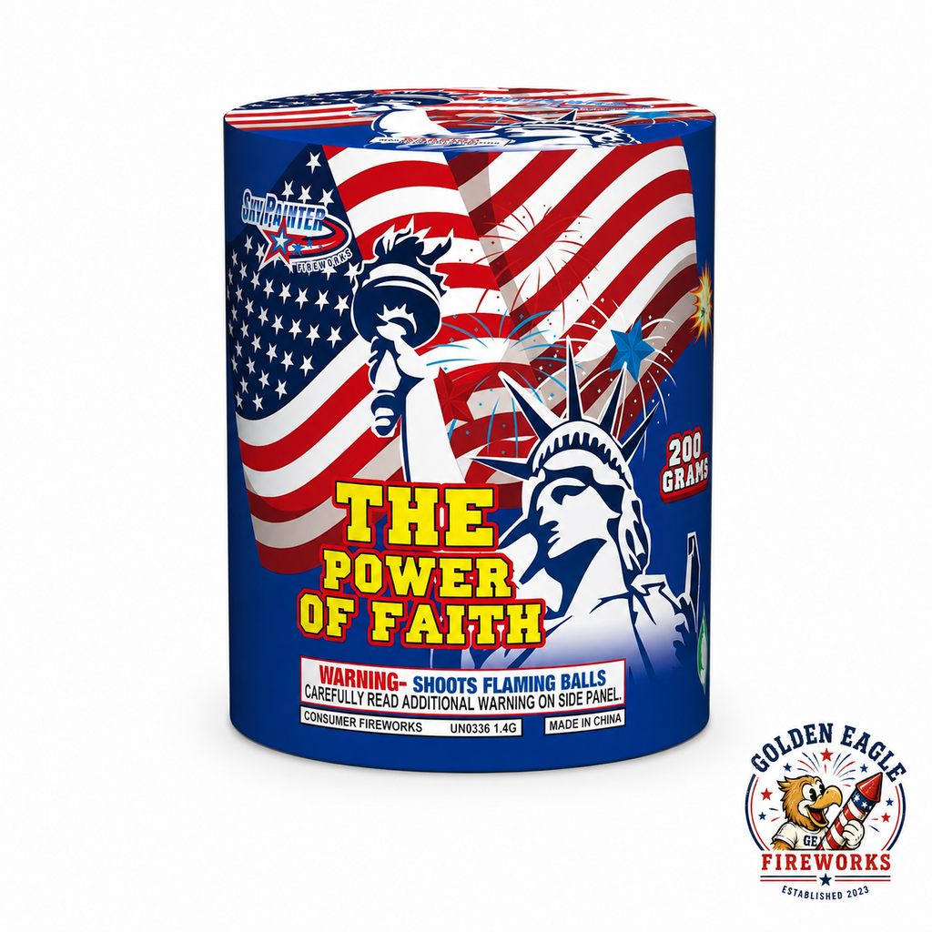 Golden Eagle Fireworks The Power of Faith 200g consumer fireworks cake by Sky Painter Fireworks, Statue of Liberty patriotic design, shoots flaming balls UN0336 1.4G, Houston TX