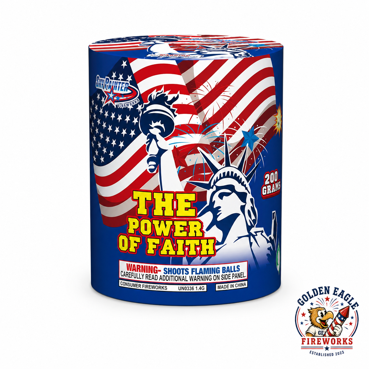 Golden Eagle Fireworks The Power of Faith 200g consumer fireworks cake by Sky Painter Fireworks, Statue of Liberty patriotic design, shoots flaming balls UN0336 1.4G, Houston TX
