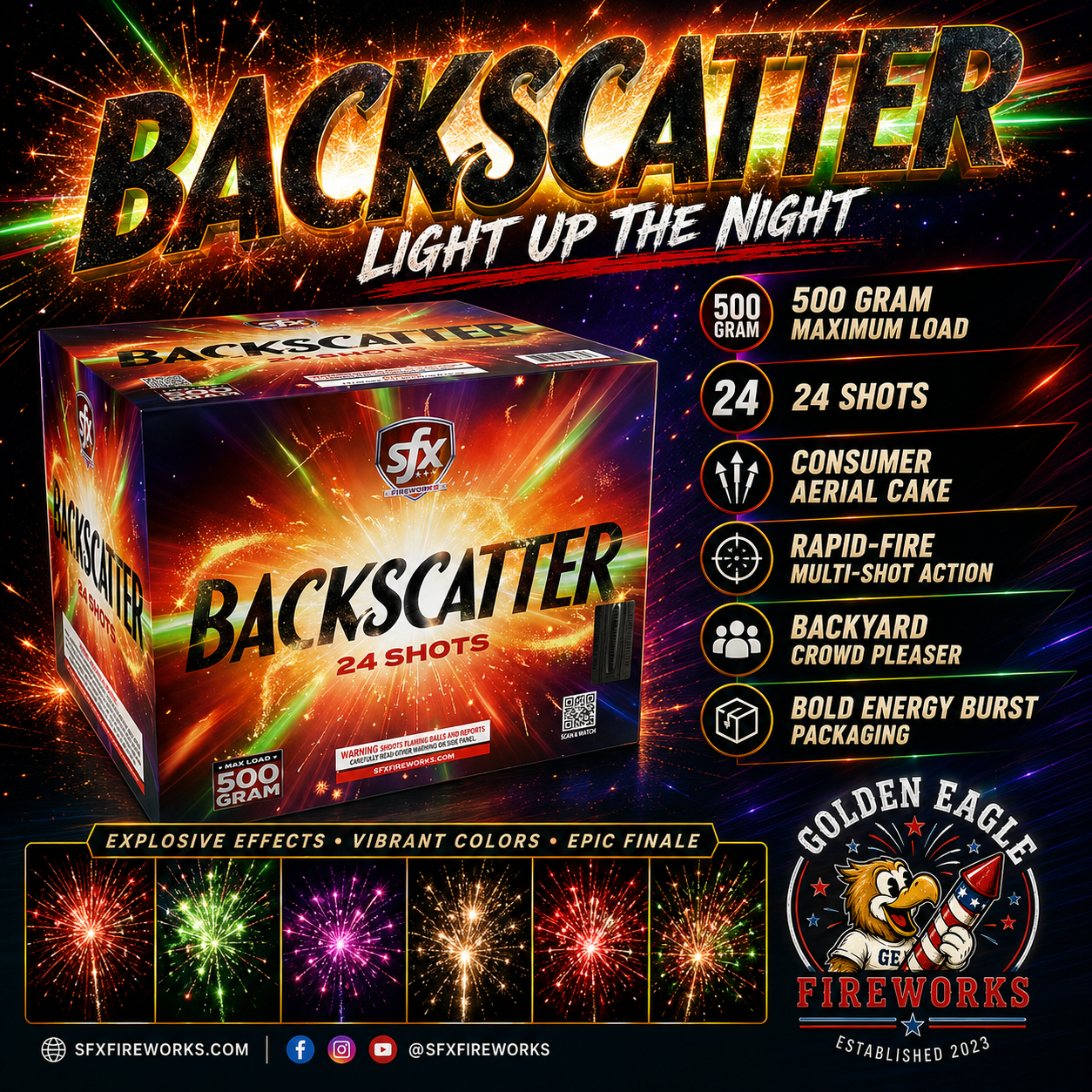 Backscatter 500 gram fireworks cake with 24 shots, rapid-fire aerial effects, colorful bursts and crowd-pleasing finale from SFX Fireworks at Golden Eagle Fireworks