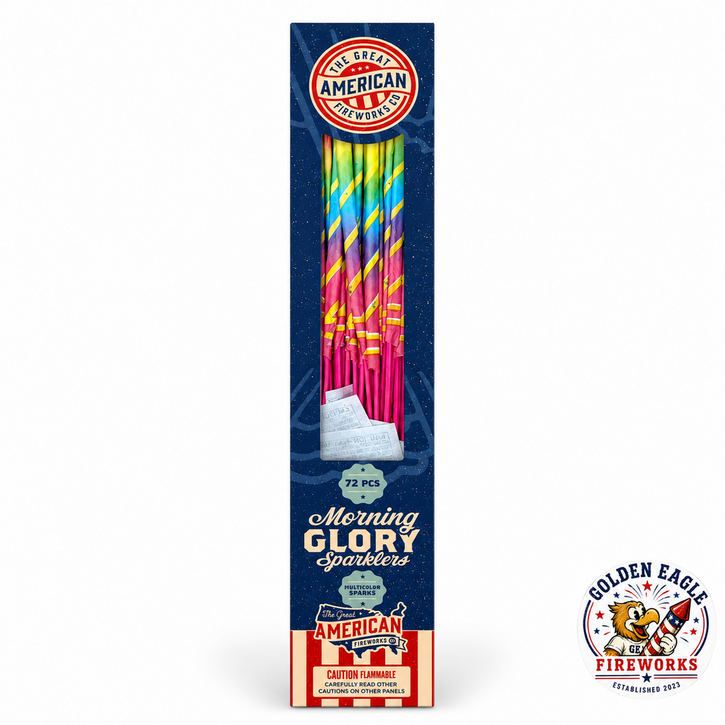 14 inch Morning Glory Sparklers 72 piece pack featuring colorful rainbow wrapped sparklers, multicolor spark effects, handheld novelty design, and celebration sparklers available at Golden Eagle Fireworks.