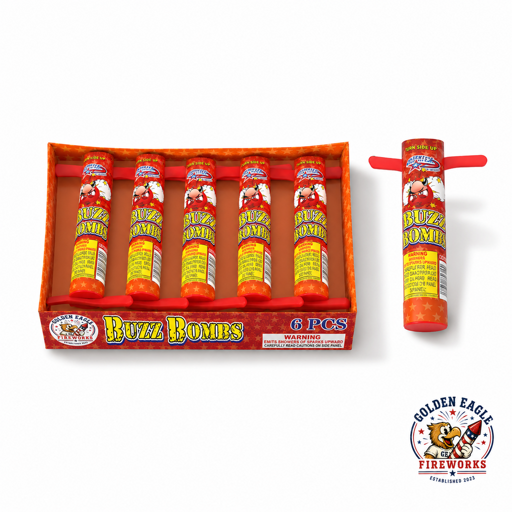 Buzz Bombs 6 piece spinning novelty fireworks tray showing colorful cylinder fireworks, red spinner wings, bright retail packaging, and celebration fireworks from Golden Eagle Fireworks.