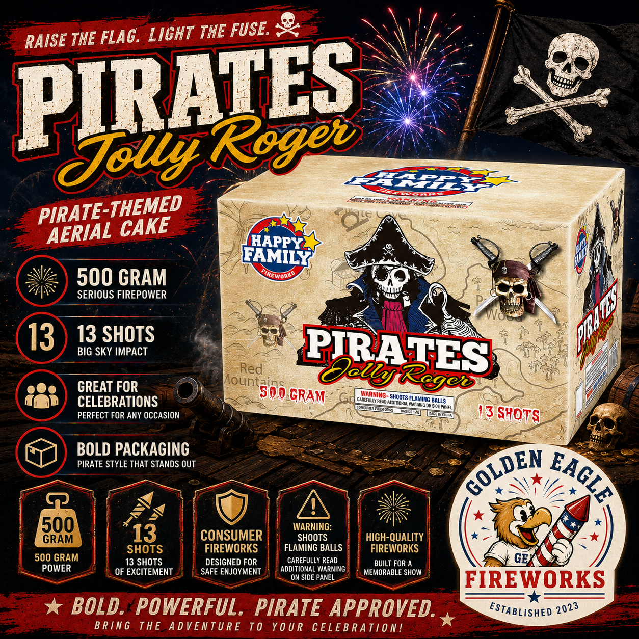 Pirates Jolly Roger pirate-themed 500g aerial cake firework with 13 big-sky shots — sold at Golden Eagle Fireworks in Houston TX