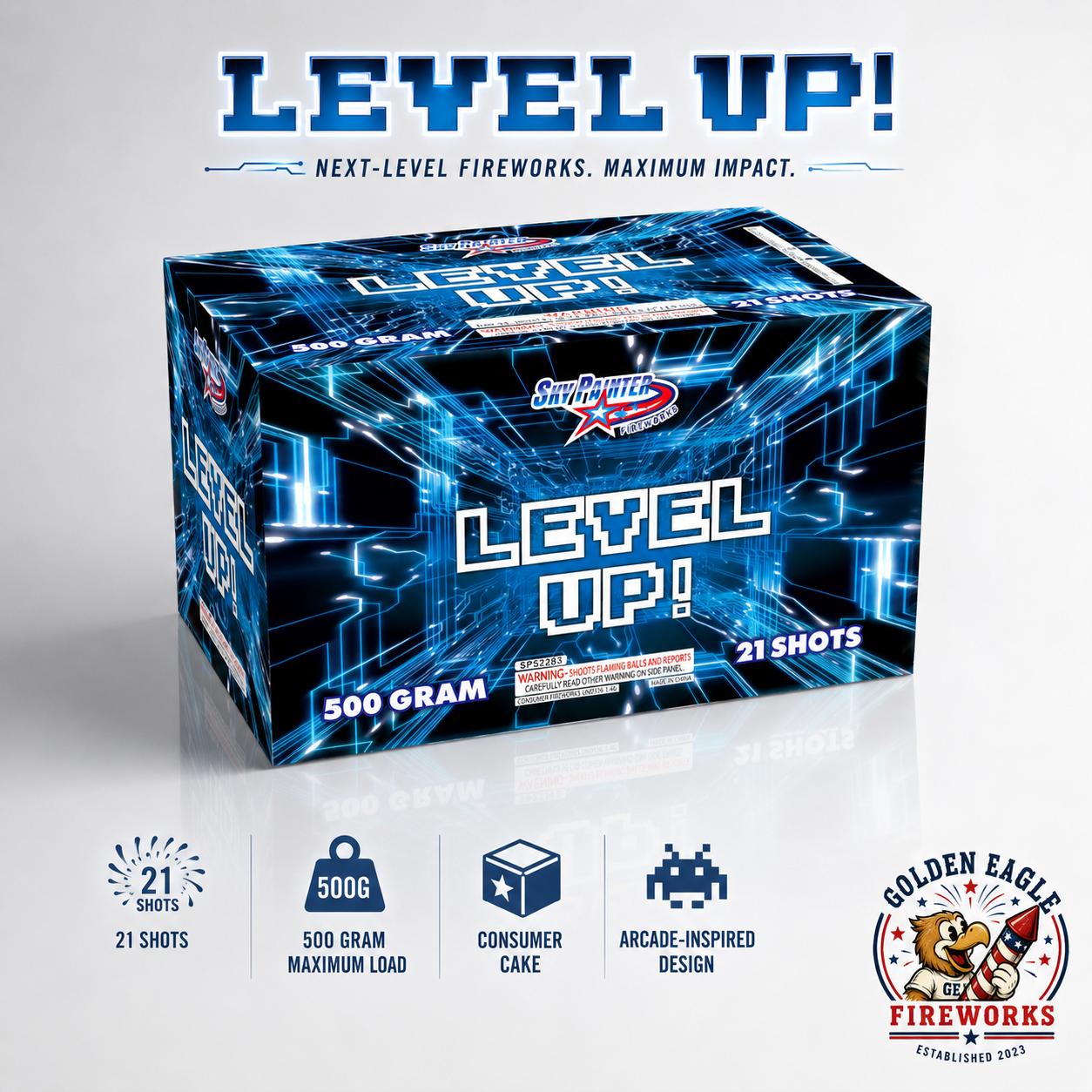 Level Up 500 gram aerial cake by Sky Painter Fireworks — 21 shots, arcade-inspired design, available at Golden Eagle Fireworks