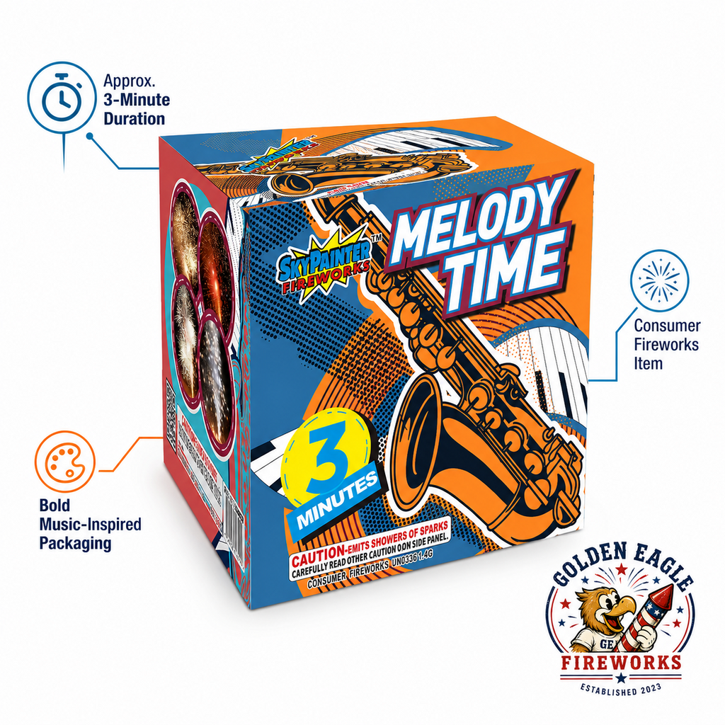 Melody Time fireworks cake highlighting an approximately 3-minute performance, colorful packaging, and consumer fireworks display from Golden Eagle Fireworks.