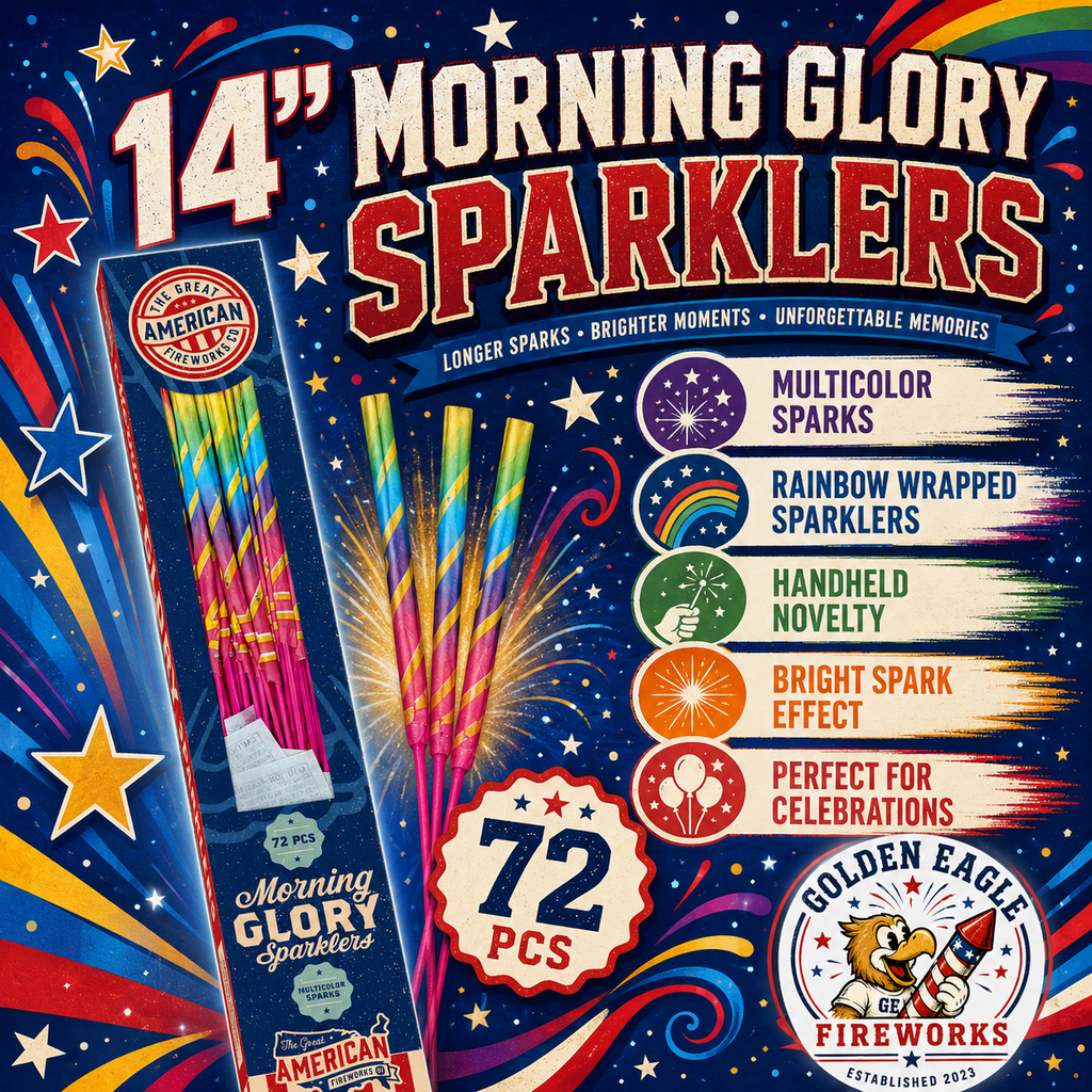 14 inch Morning Glory Sparklers infographic featuring 72 colorful rainbow wrapped sparklers, multicolor spark effects, handheld novelty design, and celebration details from Golden Eagle Fireworks.