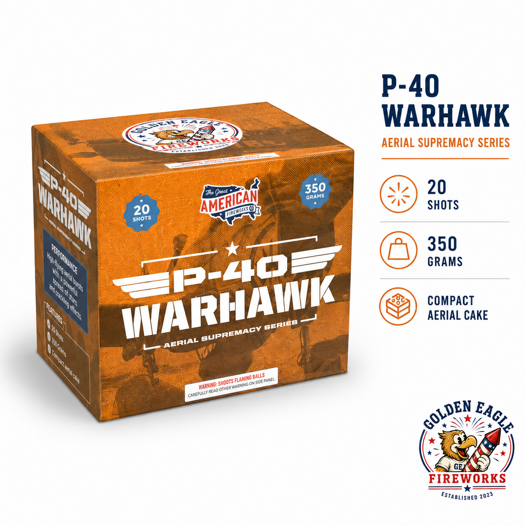 P-40 Warhawk aerial cake feature image showing 20 shots, 350 gram performance, compact aerial cake format, bold aviation-inspired packaging, and consumer fireworks from Golden Eagle Fireworks.