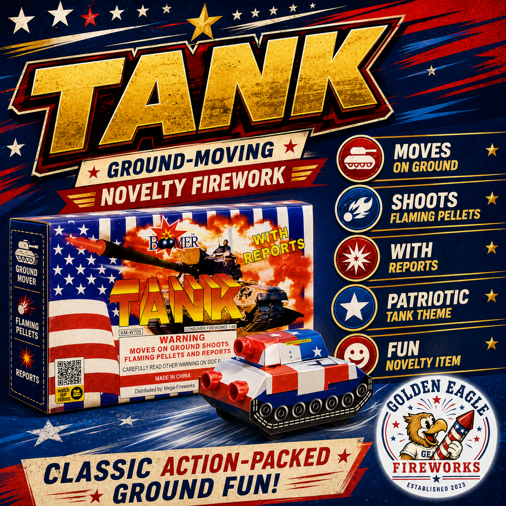 Tank ground-moving novelty firework infographic featuring moves on ground, shoots flaming pellets, reports, patriotic tank theme, and action-packed ground firework fun from Golden Eagle Fireworks.