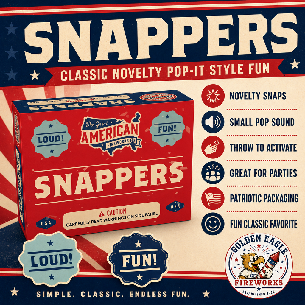 Snappers novelty fireworks infographic featuring classic pop-it style fun, small pop sound, throw-to-activate design, patriotic packaging, and party fireworks details from Golden Eagle Fireworks.