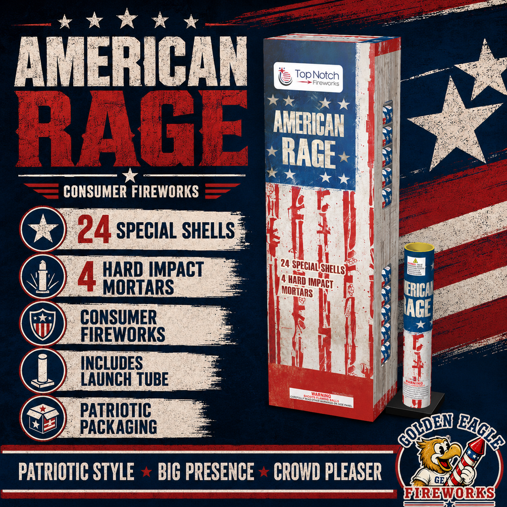American Rage artillery shell kit featuring 24 special shells, 4 hard impact mortars, patriotic red white and blue packaging, and backyard fireworks performance.