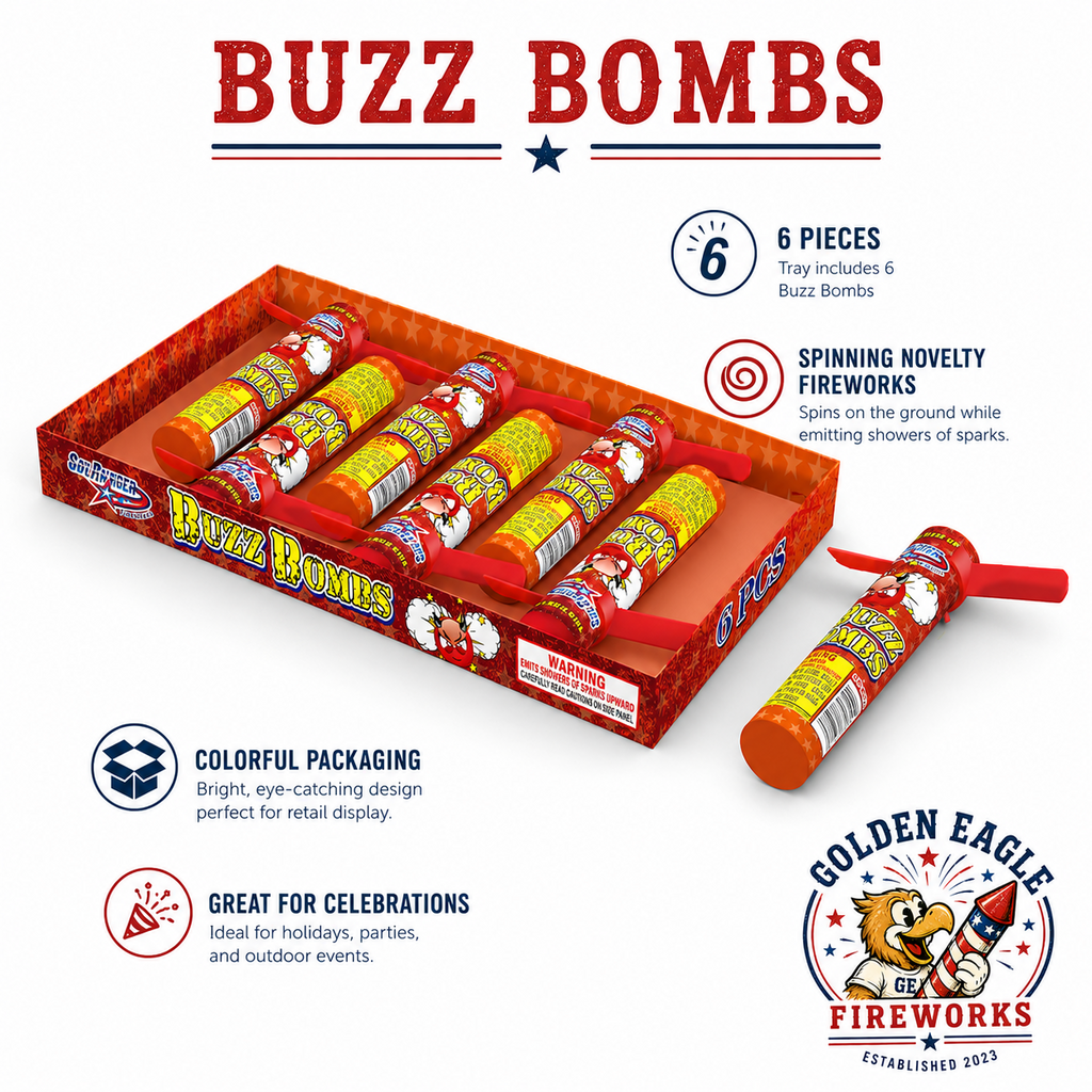Buzz Bombs spinning novelty fireworks featuring 6 colorful pieces, ground-spinning design, bright packaging, celebration-ready tray, and party fireworks available at Golden Eagle Fireworks.