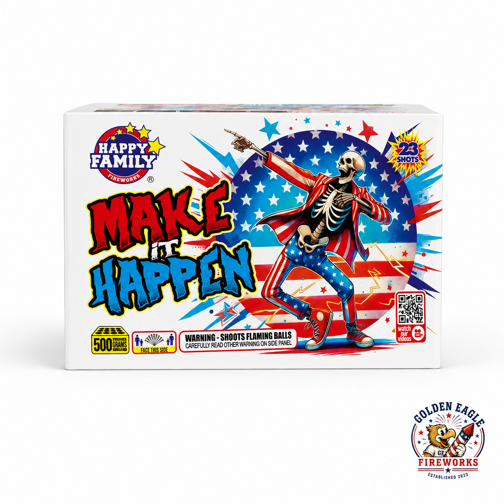 Make It Happen 500 gram consumer fireworks cake by Happy Family — 23 shots, bold patriotic skeleton design, available at Golden Eagle Fireworks