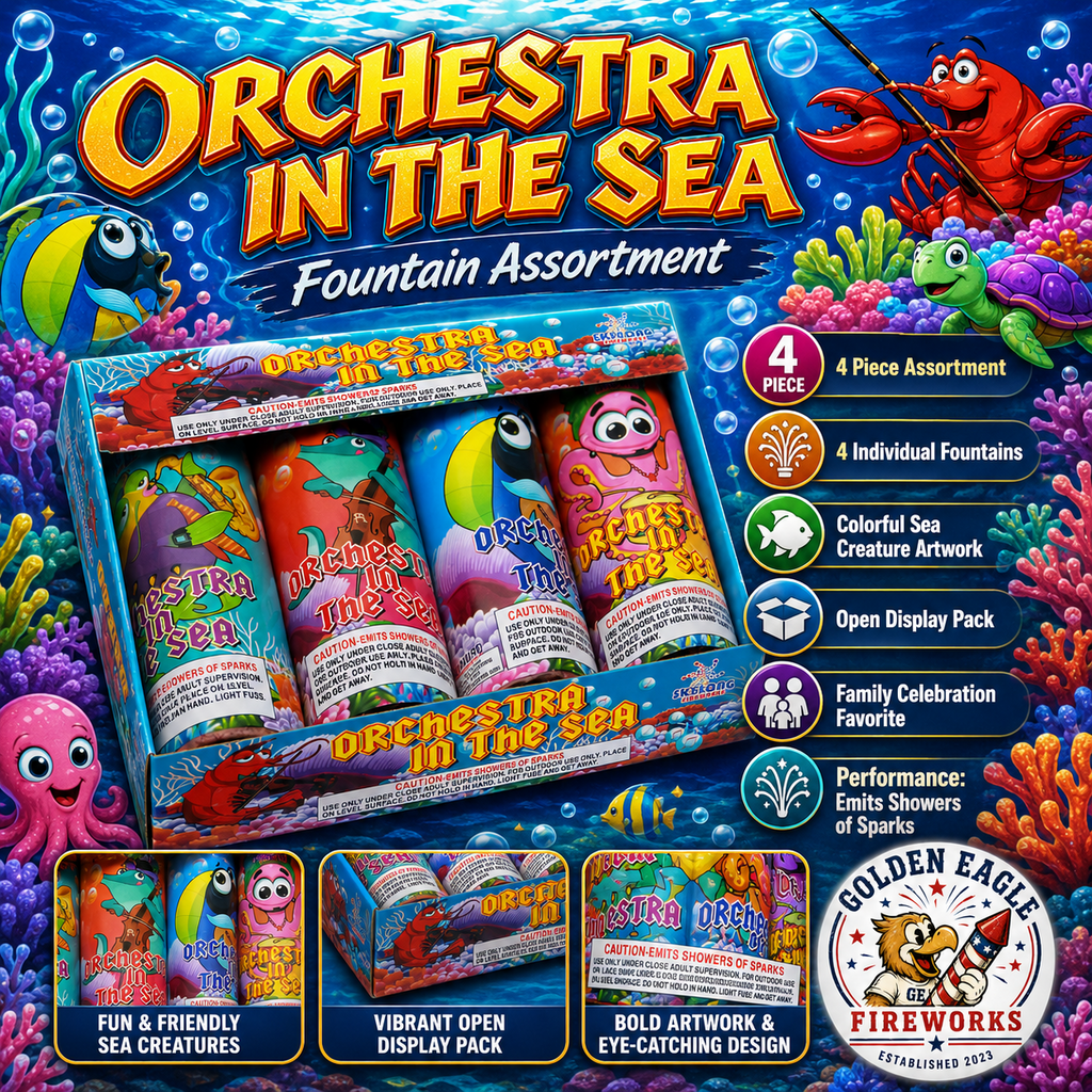 Orchestra in the Sea infographic featuring 4 piece assortment, 4 individual fountains, colorful sea creature artwork, open display pack, emits showers of sparks, and celebration fireworks details from Golden Eagle Fireworks.