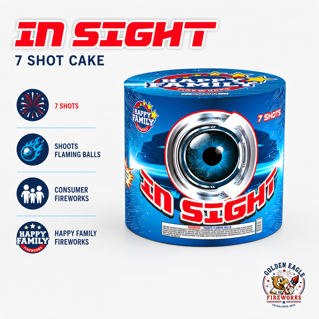 In Sight 7-shot fireworks cake shoots flaming balls — consumer fireworks by Happy Family available at Golden Eagle Fireworks Houston TX