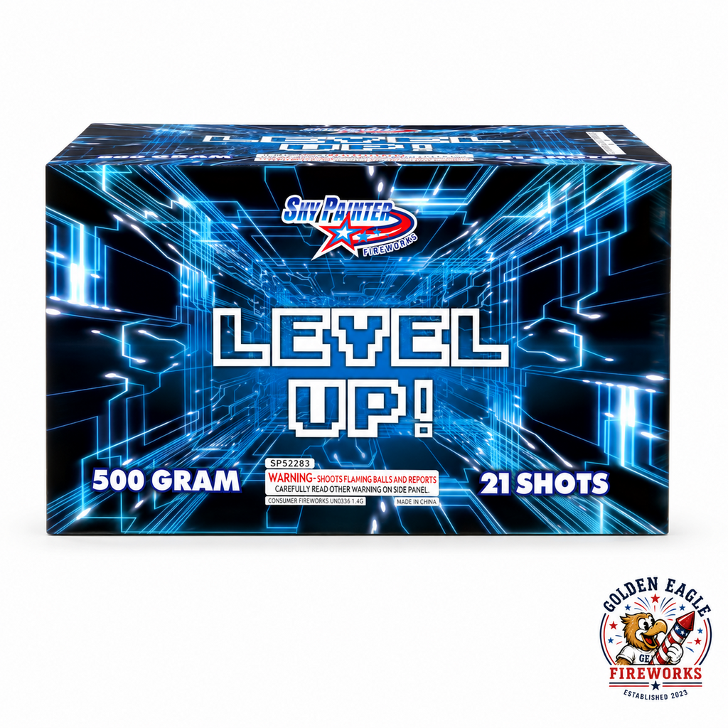 Level Up 500 gram consumer fireworks cake by Sky Painter — 21 shots, bold neon gaming design, available at Golden Eagle Fireworks