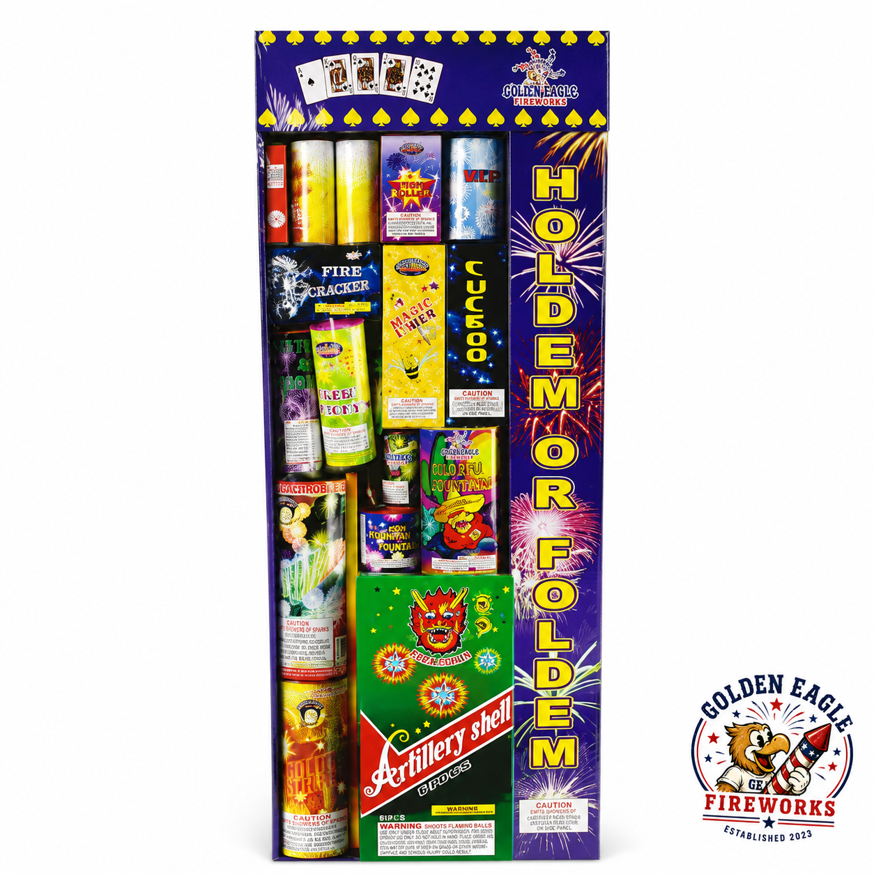 Holdem or Foldem assorted fireworks pack featuring artillery shells, fountains, novelties, and colorful family fireworks from Golden Eagle Fireworks.